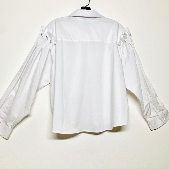 Ashley Stewart Balloon Pearl Sleeve Deconstructed White Blouse - Picture 4 of 5